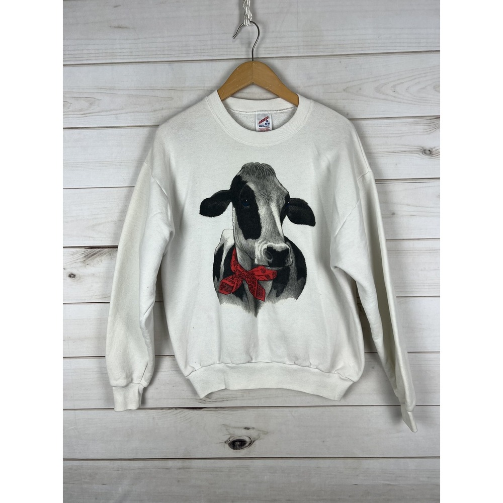 Vintage Jerzees Sweatshirt Adult Medium White Cow‎ Bandana Crewneck Graphic 90s
